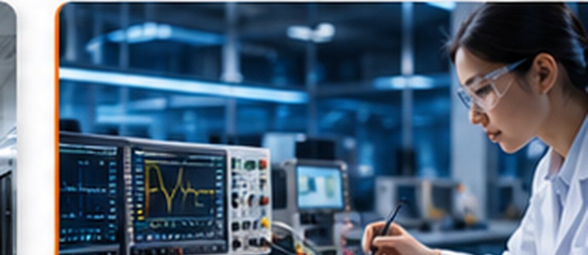 Electronic test bench with oscilloscope, RF analyzer, source, load, probes and automated data acquisition